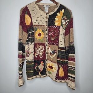 VTG Tiara Harvest Cardigan Sz M Chickens Y2K Cottage Granny Core Chunky Knit